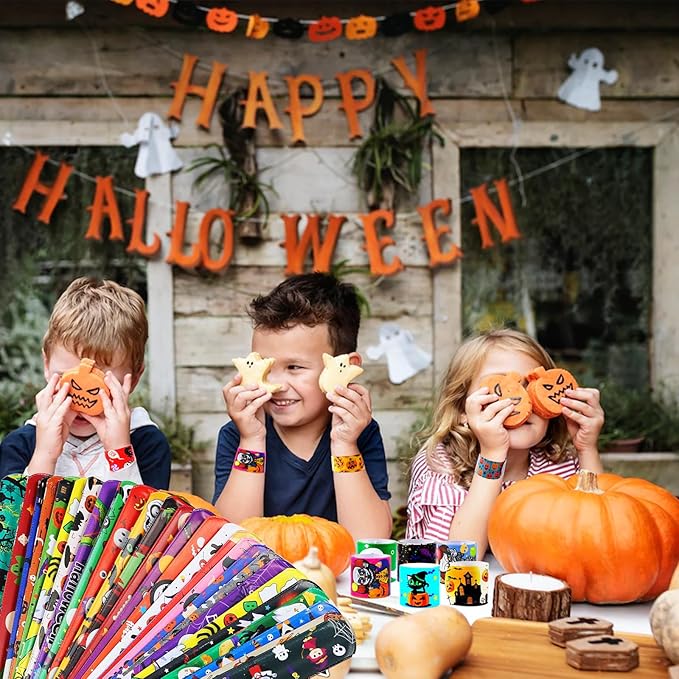 LUYI 144 PCS Halloween Slap Bracelets,Halloween Party Favors Supplies for Kids-108 Different Designs Bracelets Bulk for Halloween Decorations Treat Toys Bag Stuffers Gift for Kids Girls Boys