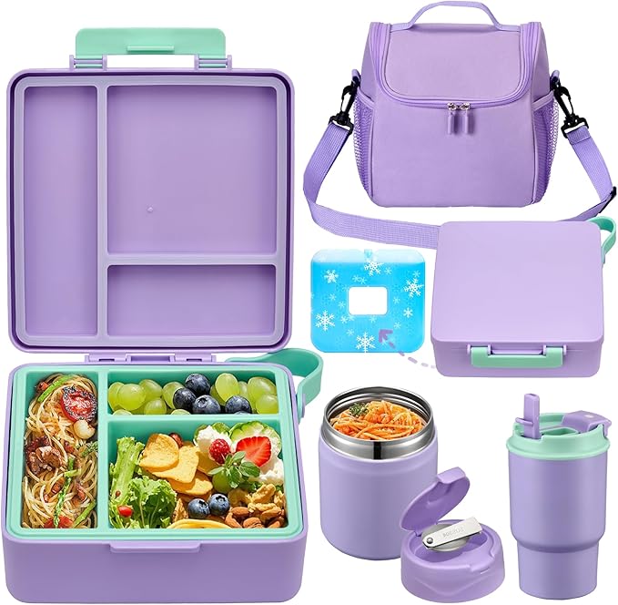 Bento Lunch Box for Kids with 17oz Soup Thermo,Insulated Tumbler Water Bottle and Insulated Lunch Bag,Leak-Proof 3 Compartment Lunch Food Container with with Ice Pack for Kids to School-Purple