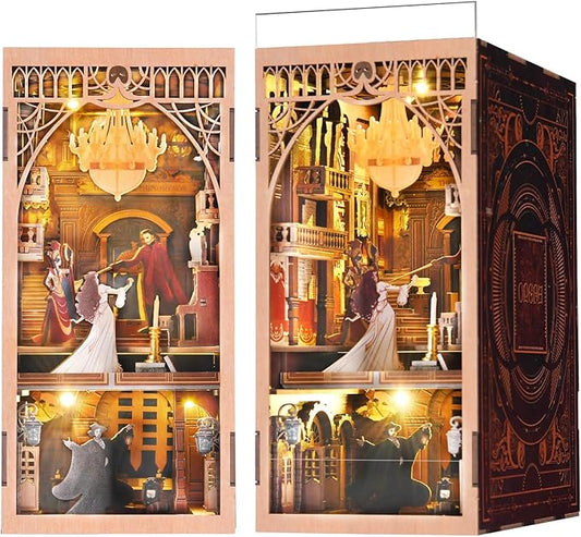 DIY Book Nook Kit for Adults, 3D Wooden Puzzle Bookend Bookshelf Insert Decor with LED Light and Dust Cover (Phantom of The Opera)