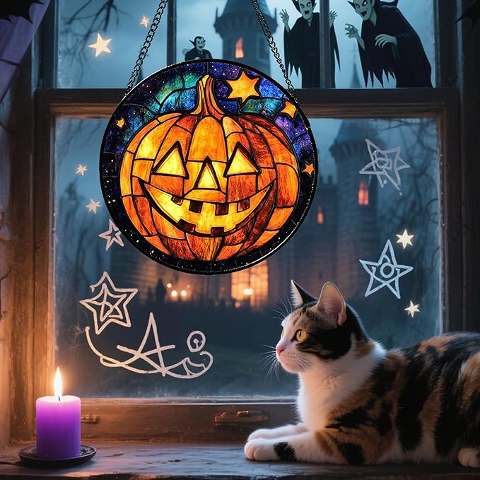 Stained Glass Window Hanging Halloween Horror Golden Pumpkin 6.3" - Suncatcher Door Garden Sunroom Gothic Style Sun Catcher Birthday for Friend Mom Men Woman Nana