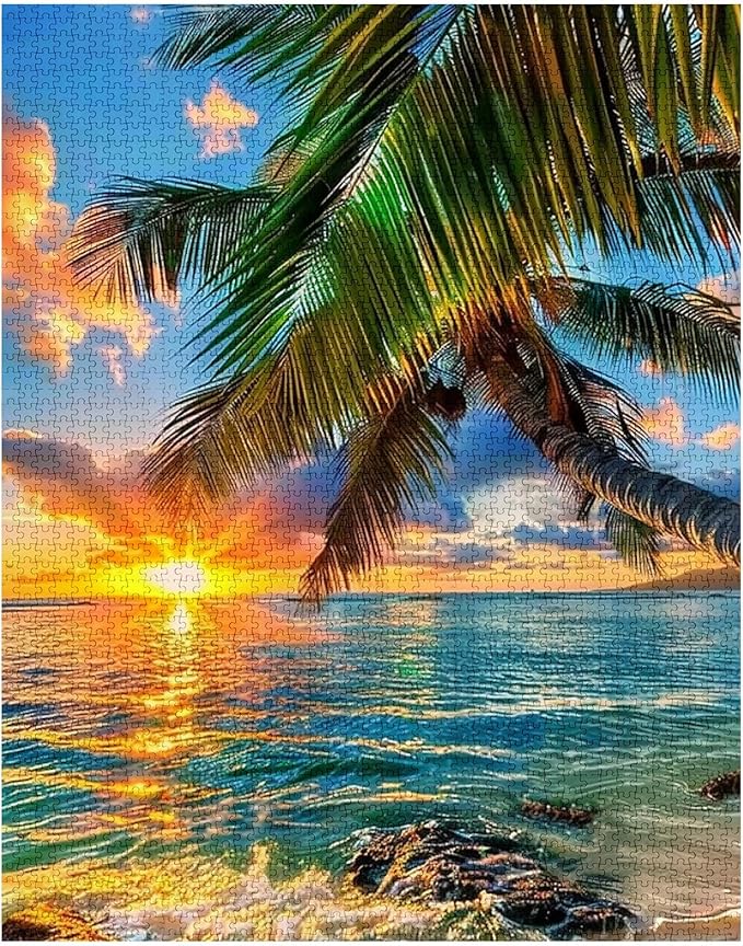 Summer Seascape 1000 Piece Jigsaw Puzzles for Adults Tropical Coconut Tree Painting Jigsaw Puzzle Landscape 1000 Pieces Puzzles Game Home Wall Decor DIY Craft Ocean at Sunset Puzzle Art(Colorful)