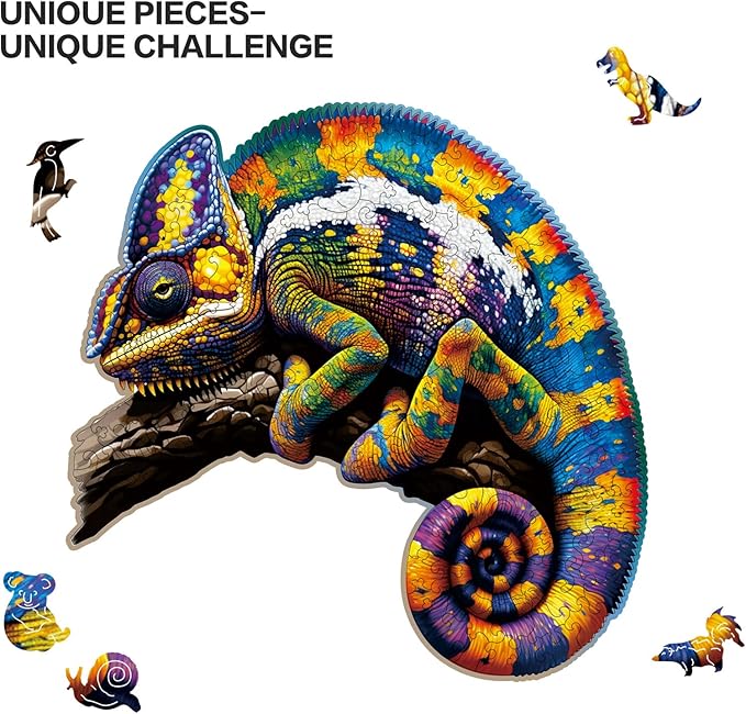 Wooden Puzzles,Chameleon Jigsaw Puzzles,200 Pieces Colorful Animal Puzzle,Birthday Gift Family Game 11 x 11 Inch,Unique Shaped Wooden Puzzle for Adults