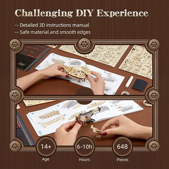 LED 3D Wood Puzzle Fantasy Airship Model - Steampunk DIY Craft Kit with LED Lights – Intricate Wooden Airship Model Building Set for Teens and Adults(Gray)