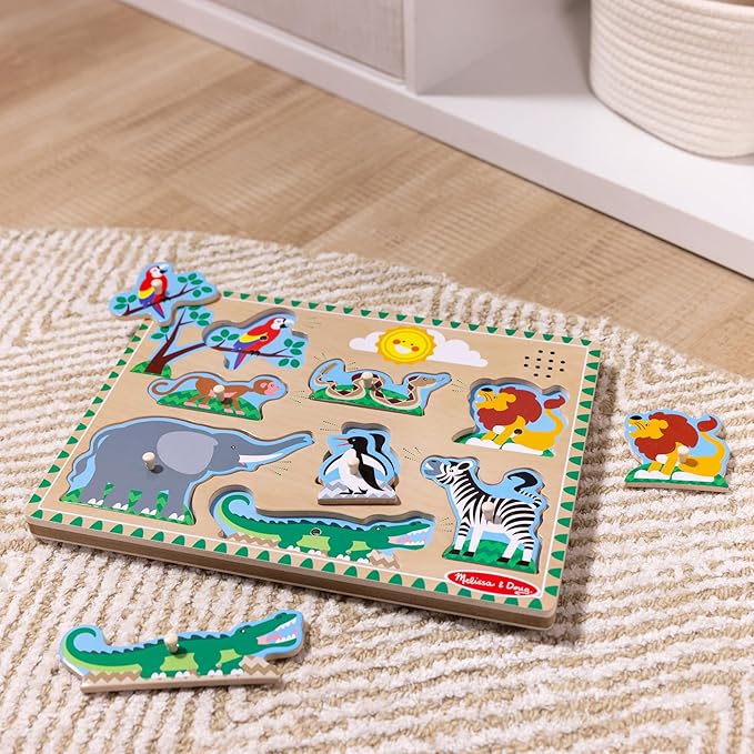 Melissa & Doug Zoo Animals Sound Puzzle – 8-Piece Wooden Peg Puzzle with Light-Activated Sounds, Music Learning Toy for Toddlers and Preschoolers Ages 2+