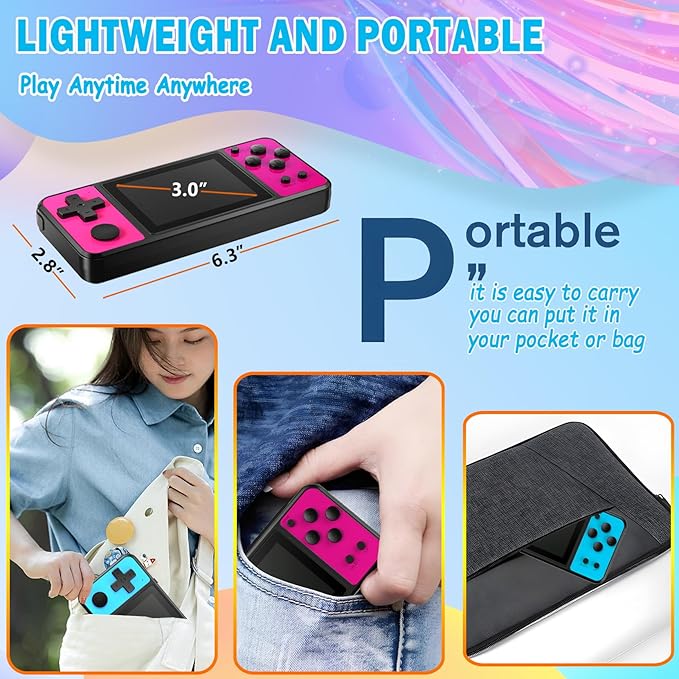 Beico 32 Bit Kids Handheld Games Preloaded 139 Video Games,Portable Electronic Toys with 3.0" IPS Screen Rechargeable Battery,Gaming System Birthday Gifts for Boys Girls Ages 4-12 (Rose-Red)