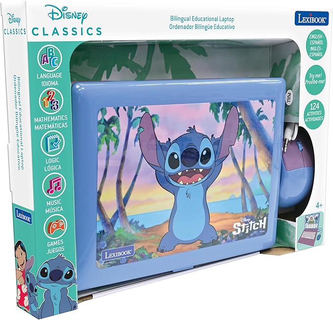 Lexibook - Disney Stitch - Bilingual English/Spanish Educational Laptop, 124 Language Activities, Writing, Maths, Logic, Music and Games, Boys and Girls, JC598Di2