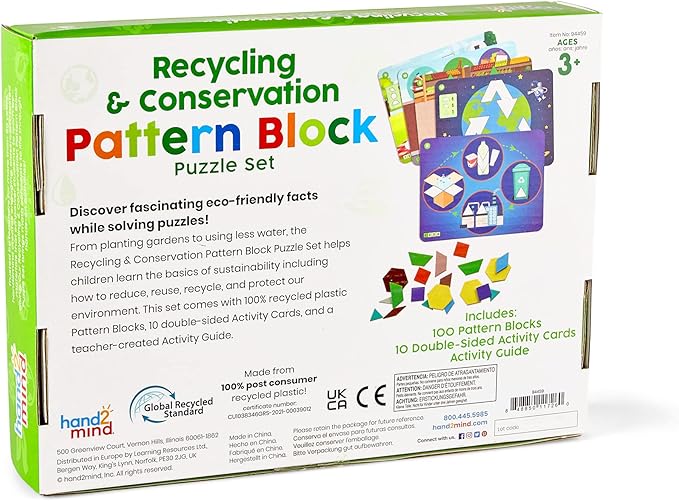hand2mind Recycling and Conservation Pattern Block Puzzle Set, Tangram Puzzle, Geometric Shapes for Kids, Pattern Blocks Cards, Pattern Play, Toddler Battern Blocks, Kindergarten Learning Activities