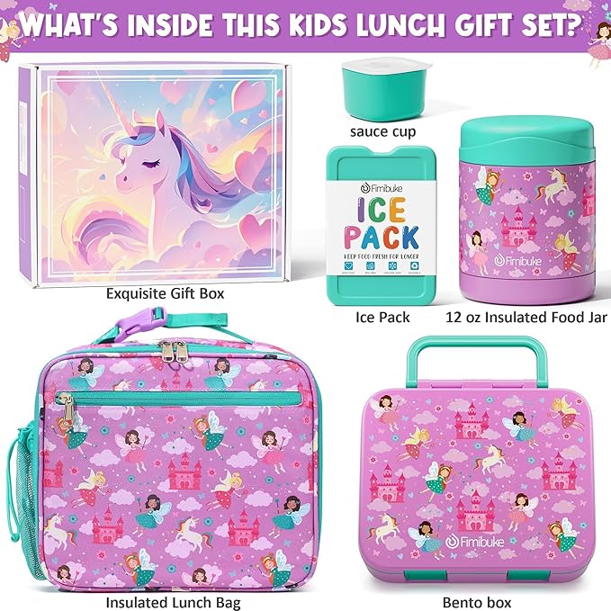 Fimibuke Bento Lunch Box for Kids with Thermos, 3-Compartment 32OZ Snack Lunch Container, Lunch Bag, 12OZ Insulated Food Jar & Ice Pack Set for Age 3-12 School Daycare Toddler Teen Girls Boys, Fairies