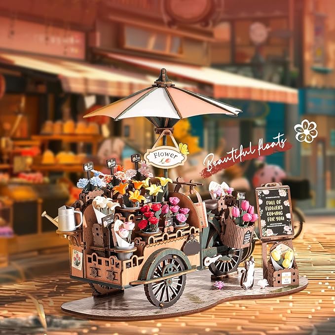 ROBOTIME 3D Puzzles for Adults DIY Model Kit to Build Floral Cart Wooden Puzzle Craft Kit Toy Hobby Gift Home Decor