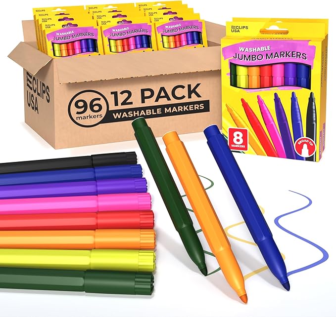 E-CLIPS USA Jumbo Markers For Kids, Colored Markers For School, Washable markers Bulk Classroom, Broad Tip, 8 Per Box (12 Pack)