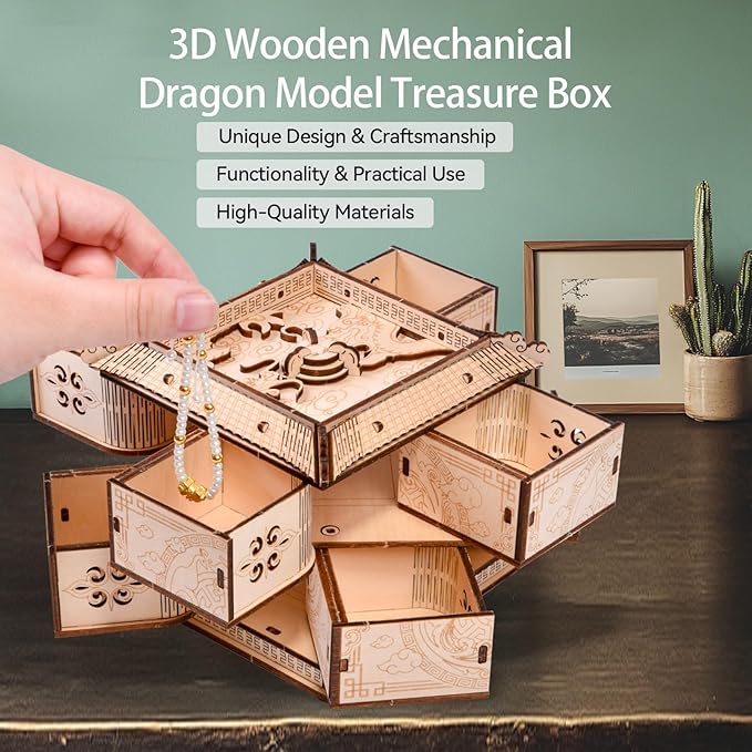 3D Wooden Puzzles for Adults - Mechanical Dragon Treasure Chest Model Kit, DIY Engineering Project, Unique Gift for Men Teens, Collectible Art and Home Display