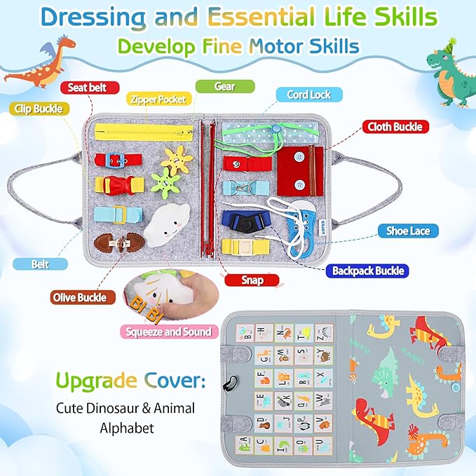 Esjay Toddler Busy Board Montessori Toys for Boys Girls, Sensory Board Educational Activities for Learning Fine Motor Skills, Birthday Gifts for Toddlers, Travel Toys for Airplane Car,Grey Dinosaur