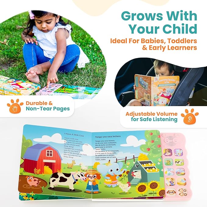 GO GO Spanish Musical Book Vol. 1: 8 Bilingual Songs, Learning Toy for Ages 1-3, Spanish Nursery Rhymes, Libros en Español para Niños, Interactive Libros Infantiles, Engaging Language Tool for Kids