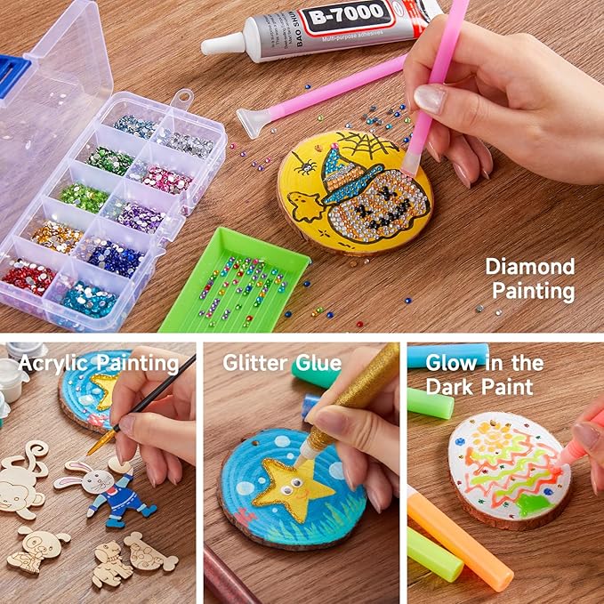 Kids Wood Painting Craft Kit, Glow-in-the-Dark Paint and Diamond Painting on Wood Slices with Stickers & Wiggle Eyes, Ideal Arts and Crafts for Kids Ages 5-12, Gifts for Halloween, Christmas, Birthday