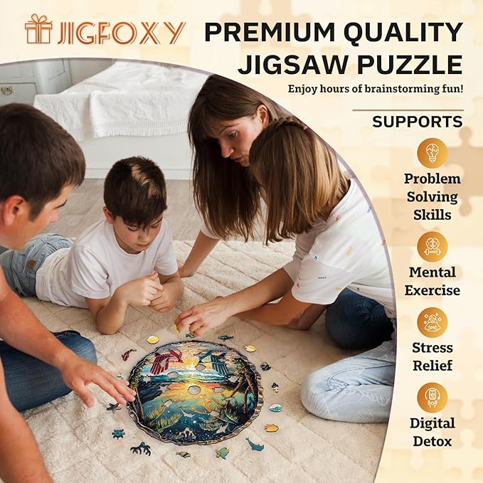 Jigfoxy Wooden Puzzle for Adults, Sunset Beach Wooden Jigsaw Puzzles for Adults, Unique Animal Shape Wood Cut Puzzles for Family Friend Puzzle Lovers(L-13.4 * 13.3in-295pcs)