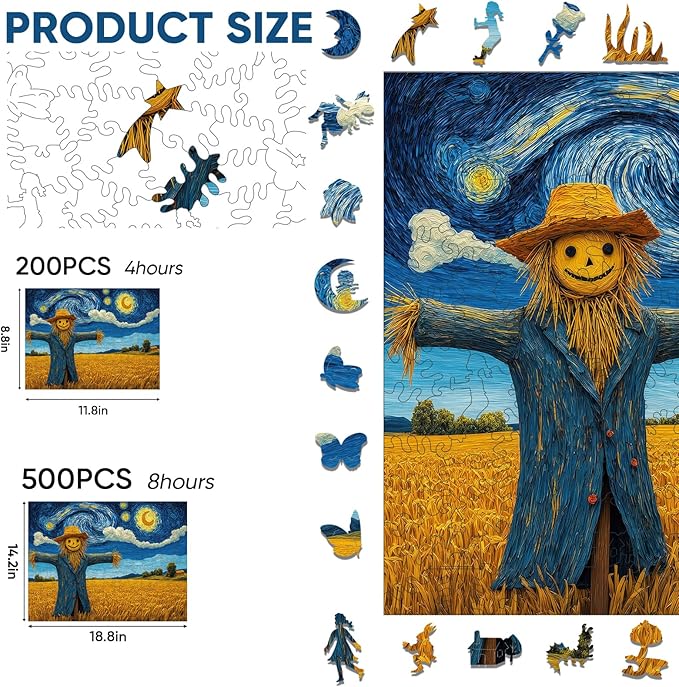 Wooden Puzzles for Adults, Scarecrow and Farmland Puzzles 200 Pieces, Unique Shaped Jigsaw Puzzles for Adults and Kids, Birthday Gifts Fun Family Game 8.9'' x 11.8''