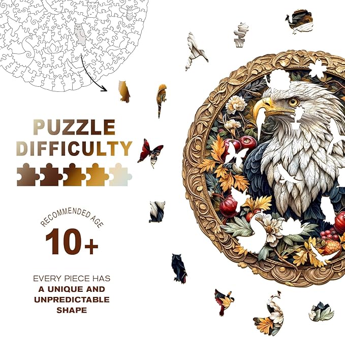 Wooden Puzzles for Adults - Retro Eagle Wooden Jigsaw Puzzle, Unique Animal Shaped Wood Puzzles Adult, Christmas Birthday Gifts for Friends/Family, Home Decor 13.4 * 13.4in 290pcs