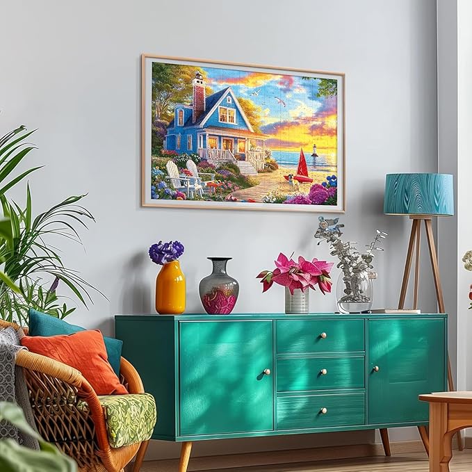 300 Piece Jigsaw Puzzle for Adults – Charming Beach House, Sailboat & Playful Dog – Fun Perfection Game, Premium Puzzle for Relaxation, Family Activity or Gift (20.5" × 15")