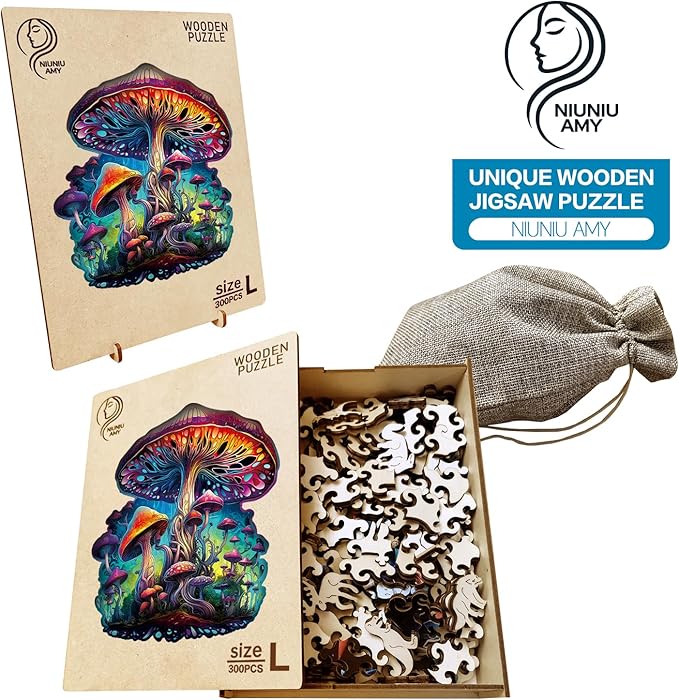 Wooden Jigsaw Puzzle for Adults,Magical Mushrooms Wood Puzzles 300 Piece,Thanksgiving Birthday Gifts Family Game,Unique Shape Puzzle Challenge 14.9 x 14.9 Inch