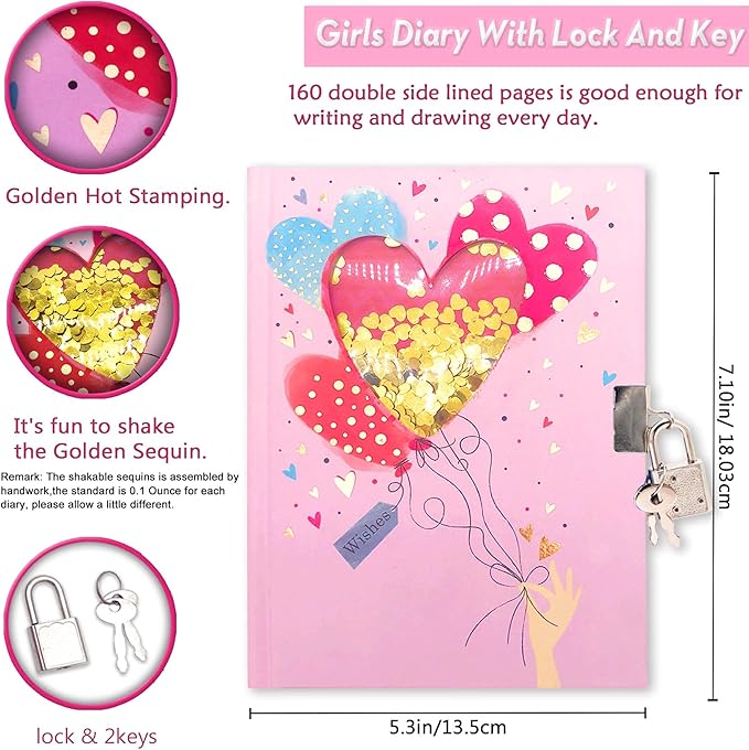 GINMLYDA Girls Diary with Lock for Kids, Pink Cute Diaries 7.1x5.3 160 Pages Girl Journal Secret Notebook with Lock and Key for Little Kid Writing Drawing Gift for Pre school Age 6,8,12