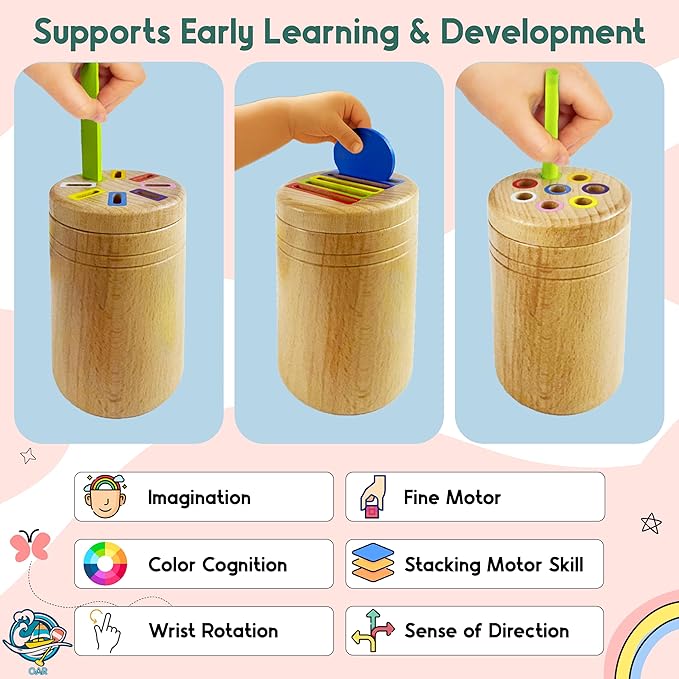 OAR Montessori Toys for Toddlers 1-3 โ 3 in 1 Wooden Fine Motor Skills Toy Set | Color Sorting, Coin Drop, Sensory Learning | Educational Beech Wood Toys for Boys and Girls