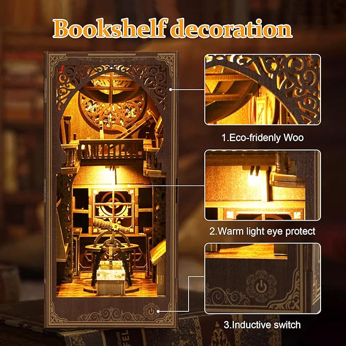 Book Nook Kit for Adult - THRIVINGIVAN DIY Miniature Model Build Dollhouse Kit 3D Wooden Puzzle with Sensor Led Light for Bookshelf Bookend Insert Decor Adults Teen Crafts
