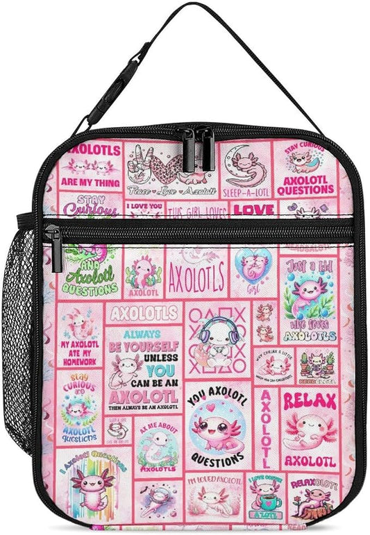Axolotl Lunch Box - Cute Reusable Axolotl Lunch Bag for Women Men Kids - Small Portable Foldable Insulated Lunchbox for School Work Picnic