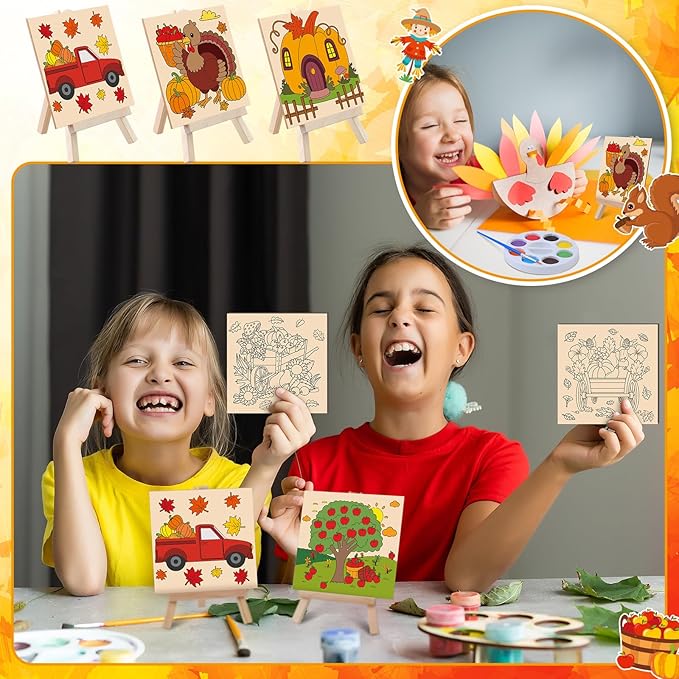 87 Pcs/12 Set Fall Thanksgiving Unfinished Wood Crafts Set Holiday Painting Gift Bulk Predrilled Wooden Ornaments Watercolor Paints with Cards Craft for Holiday Bags Party Supplies