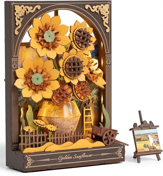 rowood Sunflower 3D Puzzle Building Set with LED,DIY Vincent Van Gogh Painting Artwork Craft Kits for Adults,Home Decor Botanical Collection Gift for Teens Kids on Christmas