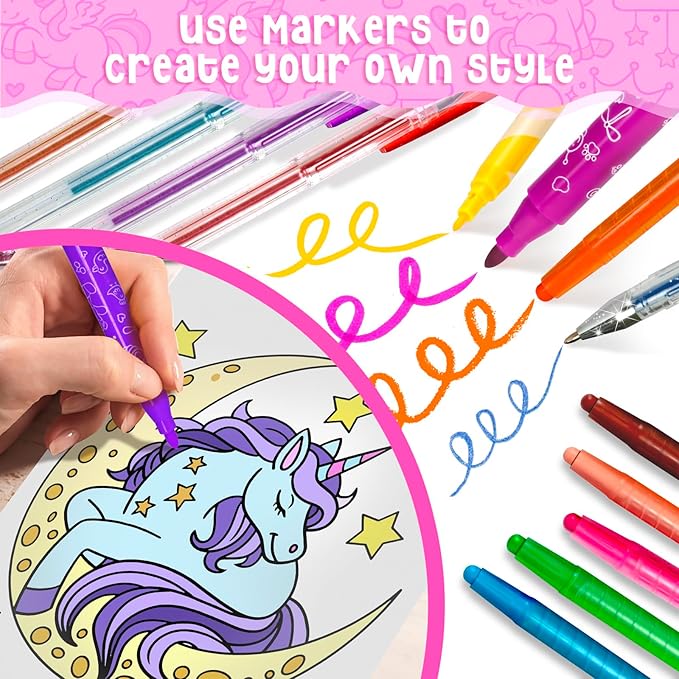Washable Markers Set with Glitter Unicorn Pencil Case, Art Supplies for Kids Ages 5-6-8, Birthday Gifts Toys for Girls 5 6 7 8 9 10 Year Old, Arts Crafts Coloring Set with Crayon, Pencil, Gel Pen
