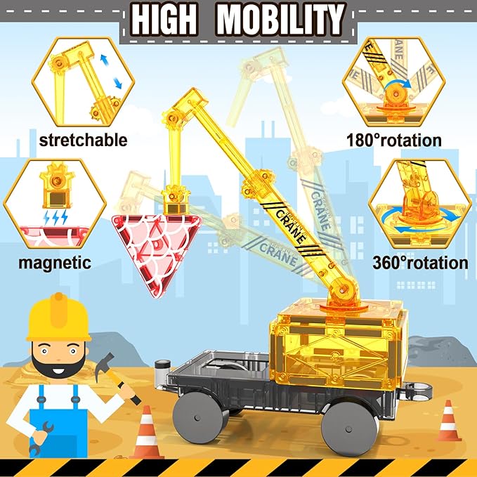 Magnetic Tiles Road Set with Magnet Crane Car, Construction Toys for Kids Ages 3-5 4-8 5-7, Creative Magnetic Building Blocks Toddler Toys, Gifts for 3+ Year Old Boys & Girls