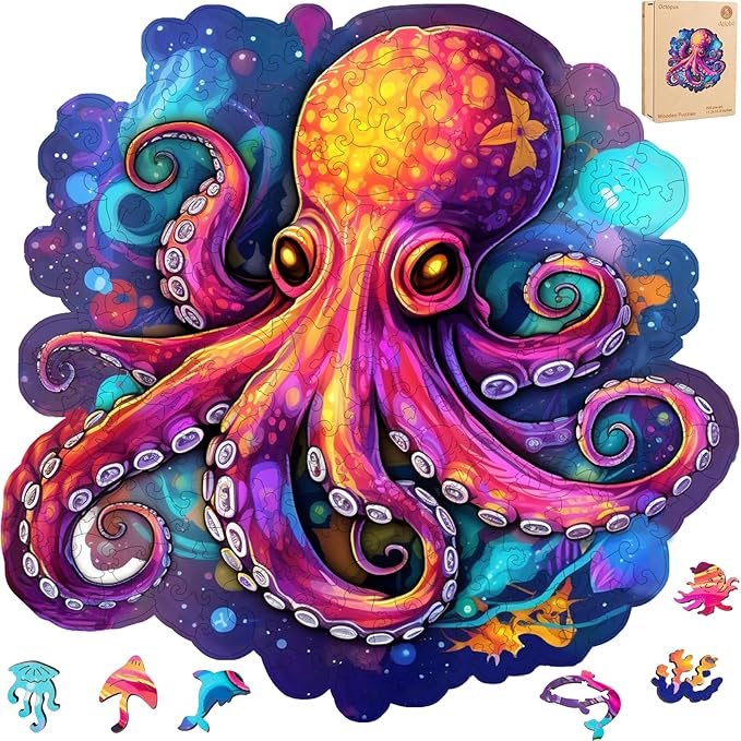 Wooden Puzzles for Adults, Octopus Jigsaw Puzzles 200 Piece, Unique Animal Shape Wood Puzzles for Adults and Kids, Fun Challenging Puzzles Family Game, 11 x 10.6 Inches, Medium Size