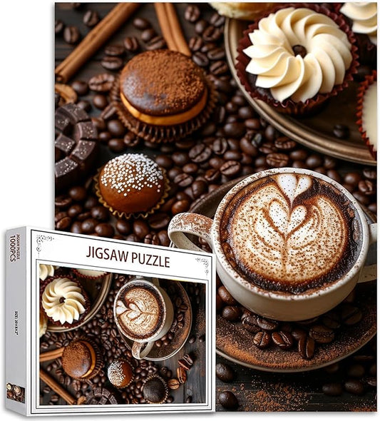 Tucocoo Coffee Cup Jigsaw Puzzles for Adults 1000 Pieces, Coffee Beans Pastry Gourmet Art Style Brown Painting 27x20 inch DIY Puzzles for Home Decoration Gifts, Family Puzzle Perfect for Game Nights