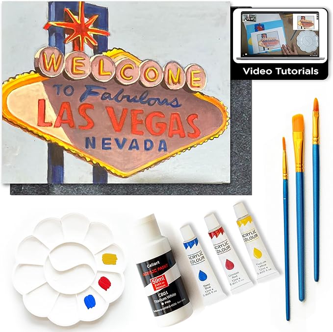 Painting4Real DIY Painting Class Kit for Adults with Video Tutorials: Learn to Paint Vegas Sign – How to Paint with Acrylics – Painting & Art Supplies – 9 Piece Acrylic Paint Set