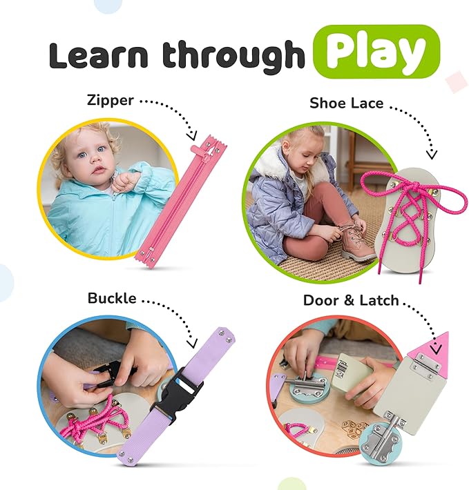 Montessori Busy Board for Toddlers, Premium Wooden Toddler Busy Board for 1 2 3 Year Old with 10 Educational Activities for Fine Motor Skills, Sensory Activity Toy for Travel, Gift for Boys & Girls