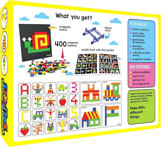 Magnetic Tangram Puzzles Toys for Kids | 400 Magnet Squares Shapes with 200 Patterns Booklet, Board & Display Stand | STEM Educational and Learning Games for Ages 4 5 6+ Years|Gifts for Girls & Boys