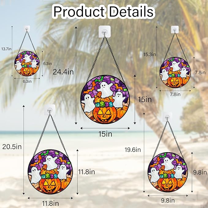 Stained Glass Window Hanging Halloween Horror Pumpkin White Ghost 15" - Suncatcher Door Garden Sunroom Gothic Style Sun Catcher Birthday for Friend Mom Men Woman Nana