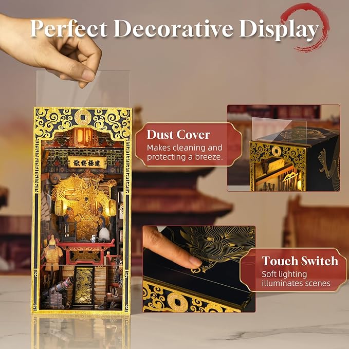 DIY Book Nook Kit for Adults, 3D Wooden Puzzle Bookend Bookshelf Insert Decor with LED Light and Dust Cover (The Emperor's Study)