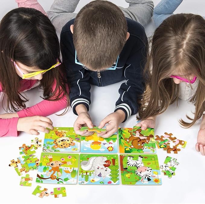 SYNARRY 6 Pack Wooden Jigsaw Puzzles for Kids Ages 3-5 Years Old, 9 Pieces Toddlers Animal Puzzles, Educational Preschool Learning Toys for Children Boys and Girls, Best Kids Puzzle Toys & Gifts