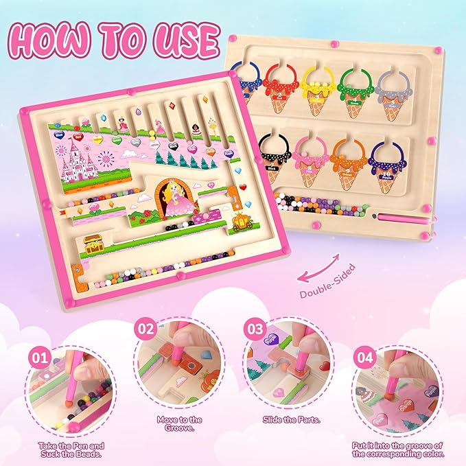 2 in 1 Magnetic Color and Number Maze Montessori Toy for Girls Dual Purpose Wooden Magnetic Puzzle Early Learning Activity for Preschool Children Magnetic Maze Board Educational Game