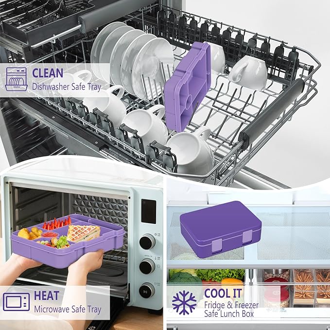 Kids Bento Lunch Box with Ice Pack, 5 Compartments Leak-Proof Bento Box with Utensils, 5.5-Cup Capacity for Adults & Ages 8+, BPA Free, Microwave & Dishwasher Safe, Purple