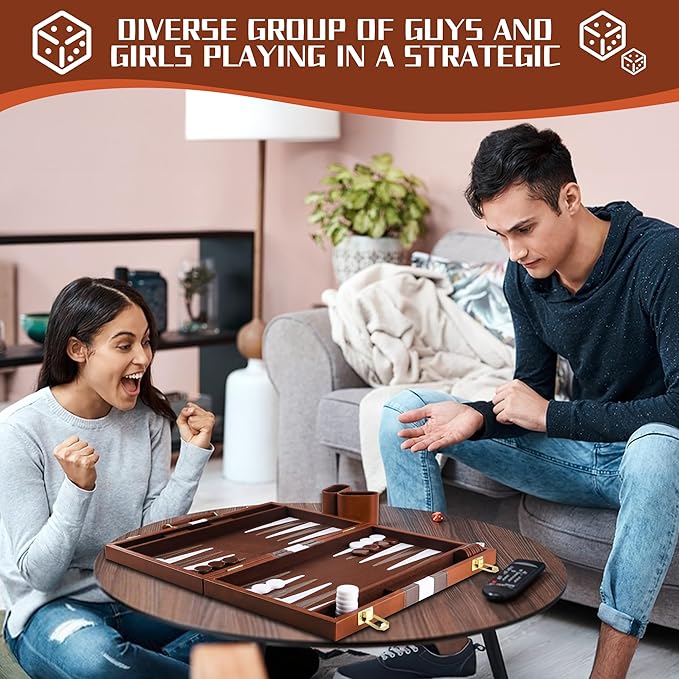 Froggod 15 inch Backgammon Sets for Adults - Classic Board Game for Adults - Portable Travel Backgammon Set for 2 Players - Perfect Adult Board Games for Gifts & Family Fun(Brown)