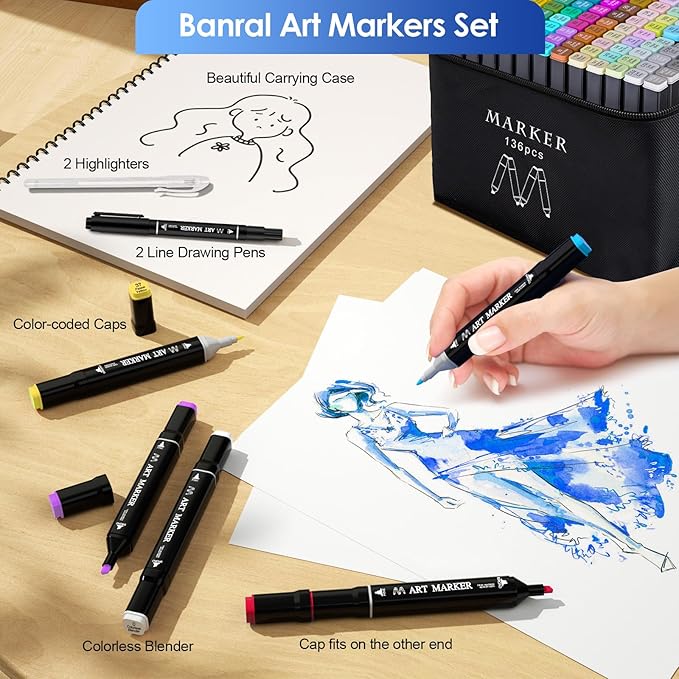 Banral Alcohol Markers Set, 136 Colors Dual Tip Alcohol Based Art Marker for Artists, Permanent Drawing Pens for Adult Coloring Sketching Illustration with Case and Holders