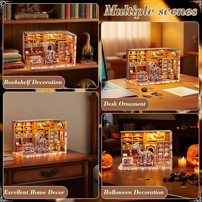 Book Nook Kit,3D Wood Puzzle LED Light DIY Miniature House Kit for Adults,Teens and Beginners, Dollhouse Bookshelf Decor Tiny Houses to Live in for Adults,Gifts for Family,Friends(Dinosaur Museum)