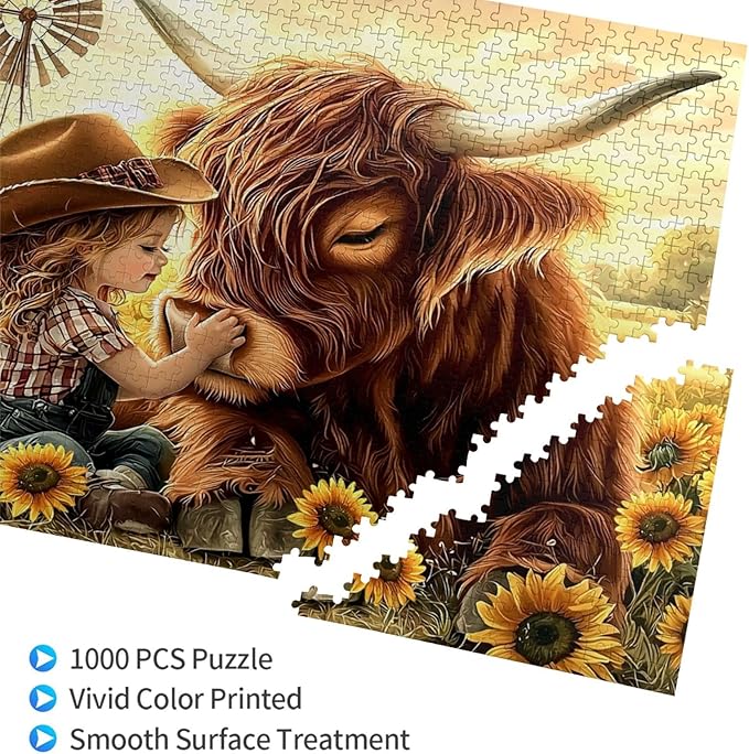 Cute Girl Highland Cattle Sunflower Jigsaw Puzzles 1000 Piece,Flowers Puzzle Nature Animal Flower Painting Jigsaw Puzzles 1000 Piece,Birthday Gifts for Adults and Family Game
