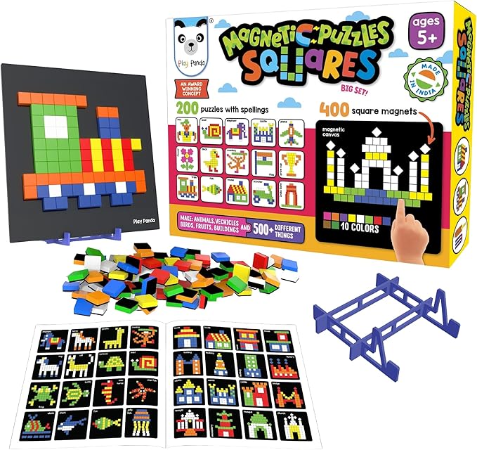 Magnetic Tangram Puzzles Toys for Kids | 400 Magnet Squares Shapes with 200 Patterns Booklet, Board & Display Stand | STEM Educational and Learning Games for Ages 4 5 6+ Years|Gifts for Girls & Boys