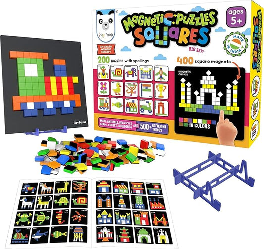 Magnetic Tangram Puzzles Toys for Kids | 400 Magnet Squares Shapes with 200 Patterns Booklet, Board & Display Stand | STEM Educational and Learning Games for Ages 4 5 6+ Years|Gifts for Girls & Boys