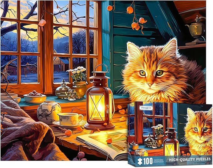 100 Piece Puzzles for Kids Reading Cat 100 Piece Puzzles for Adults, Cute Kitten 100 Pieces Puzzle for Kids Ages 4-8, Cozy Retreat Puzzle for Seniors Teens Brain Teaser