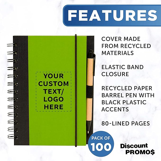 DISCOUNT PROMOS Custom Eco Block Notebooks with Pens Set of 100, Personalized Bulk Pack - Perfect for School, Office, Business, Home - Lime Green