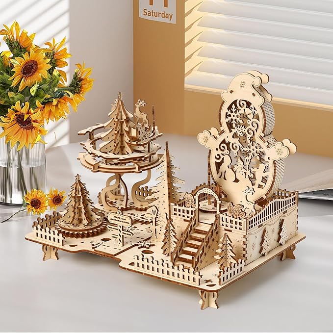 3D Wooden Puzzle for Adults, DIY Christmas Amusement Park Model, Creative Assembly Model Building for Adults, DIY Assembly Puzzle, Woodcraft Kit for Christmas Day